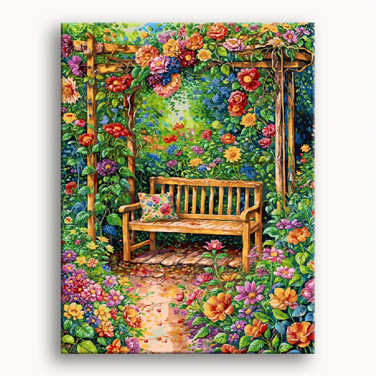 A painting depicting a garden bench surrounded by vibrant flowers in full bloom.