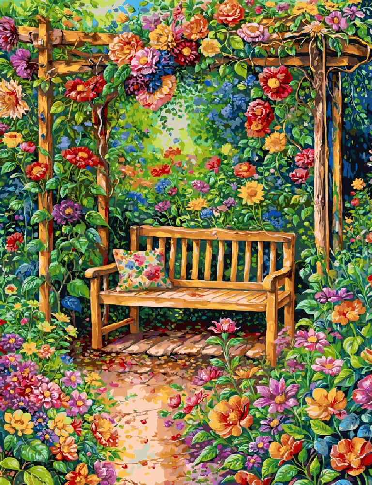 A painting depicting a garden bench surrounded by vibrant flowers in full bloom.