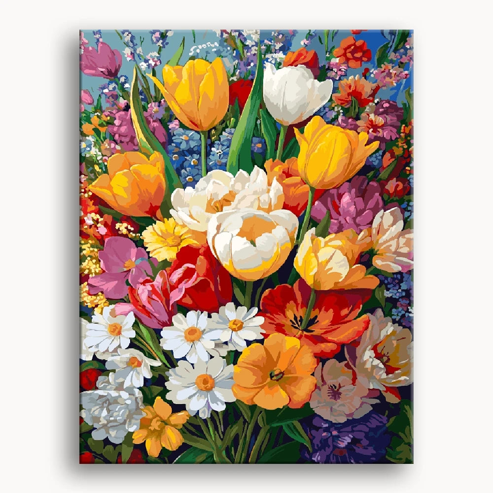 A vibrant painting of a colorful bouquet of flowers in a vase, showcasing various blooms and lush greenery.