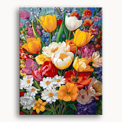 A vibrant painting of a colorful bouquet of flowers in a vase, showcasing various blooms and lush greenery.