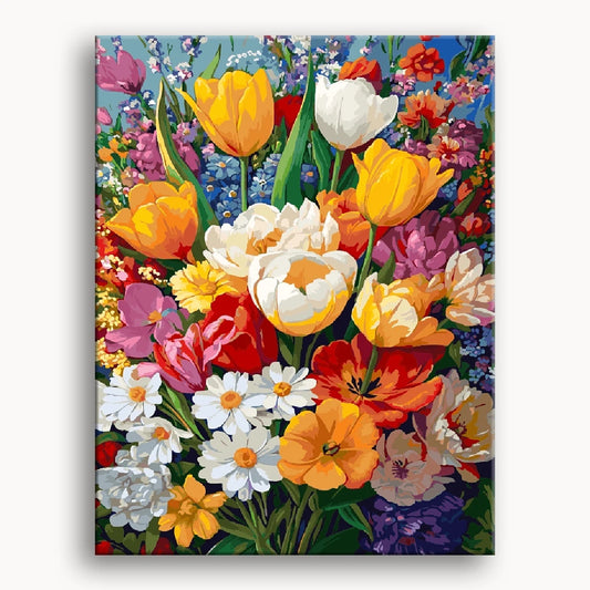 A vibrant painting of a colorful bouquet of flowers in a vase, showcasing various blooms and lush greenery.