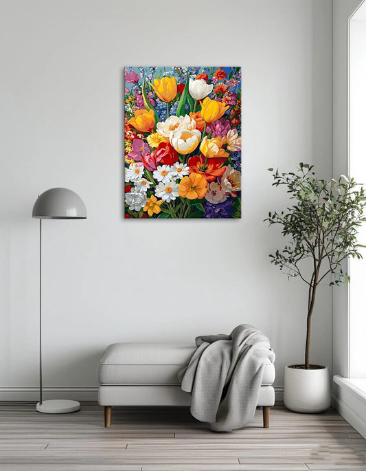 A vibrant painting of a colorful bouquet of flowers in a vase, showcasing various blooms and lush greenery.
