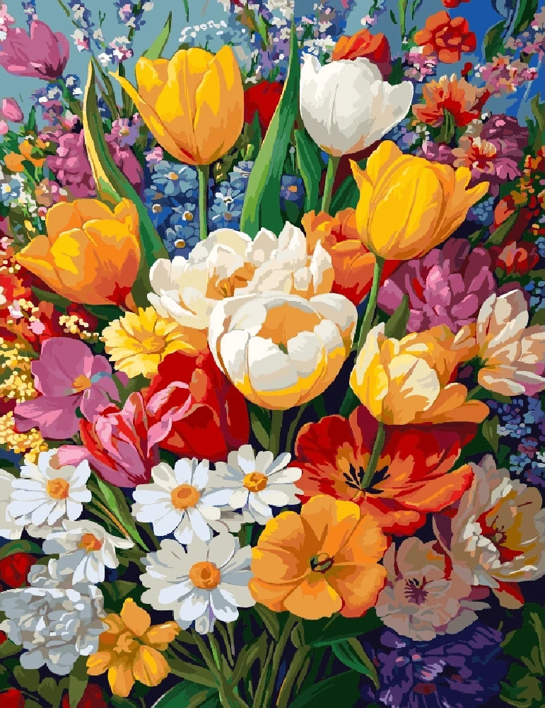 A vibrant painting of a colorful bouquet of flowers in a vase, showcasing various blooms and lush greenery.
