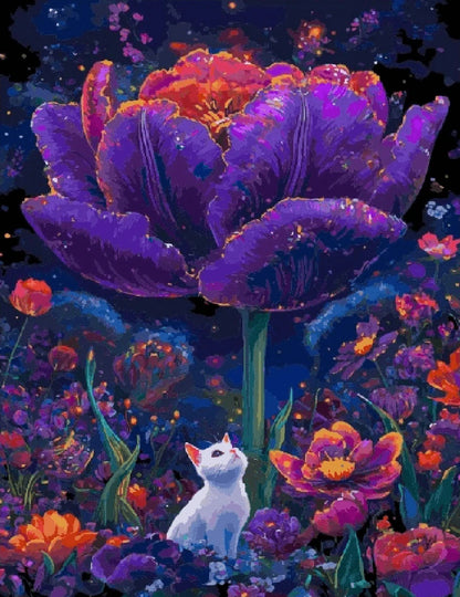 A playful cat sits beside a vibrant purple flower in a sunny field, surrounded by green grass.