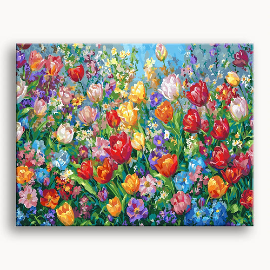 A vibrant painting of colorful flowers set against a bright blue sky.
