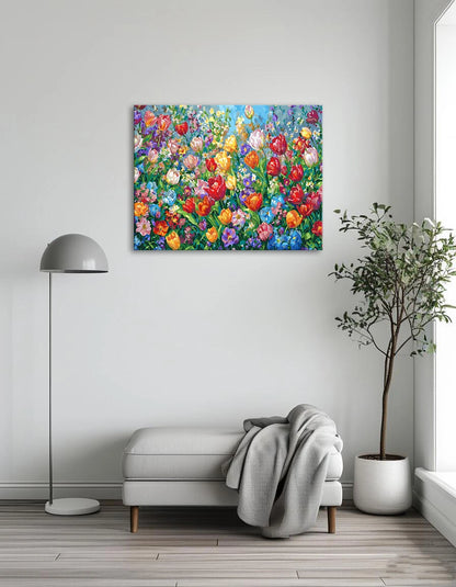 A vibrant painting of colorful flowers set against a bright blue sky.
