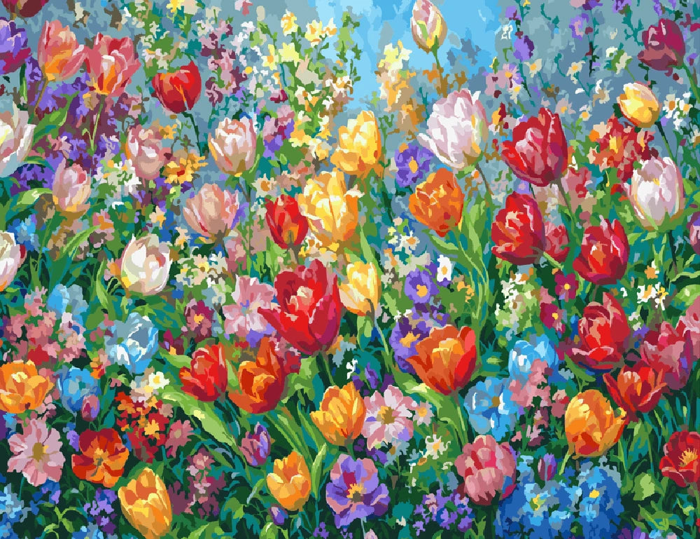 A vibrant painting of colorful flowers set against a bright blue sky.
