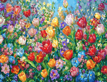 A vibrant painting of colorful flowers set against a bright blue sky.
