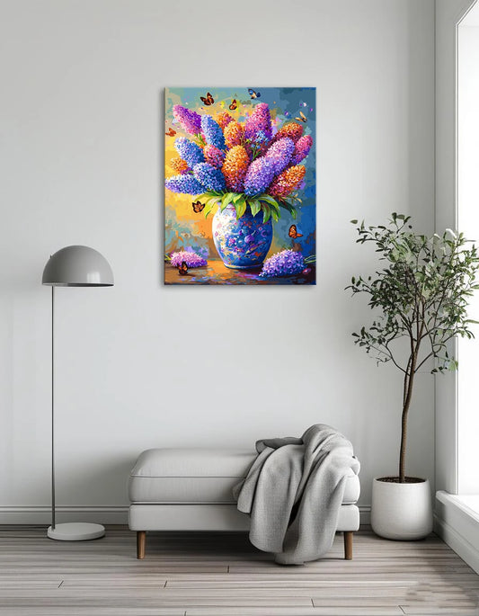 A painting featuring a vase filled with vibrant purple and blue flowers against a soft background.