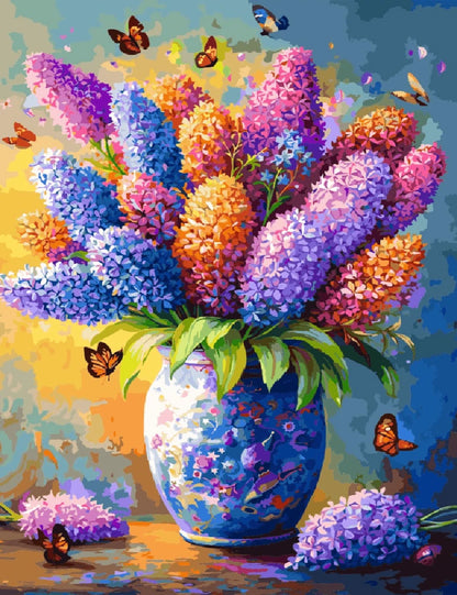 A painting featuring a vase filled with vibrant purple and blue flowers against a soft background.