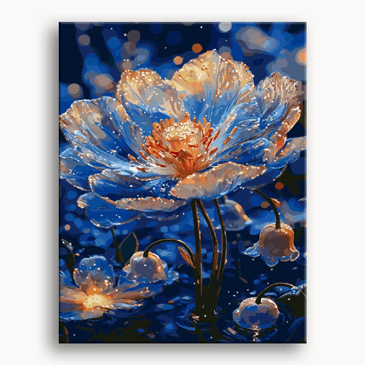 A painting depicting a blue flower floating gracefully on the surface of calm water.