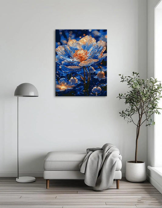 A painting depicting a blue flower floating gracefully on the surface of calm water.