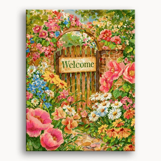 A painting depicting a welcome sign surrounded by vibrant flowers in a lush garden setting.