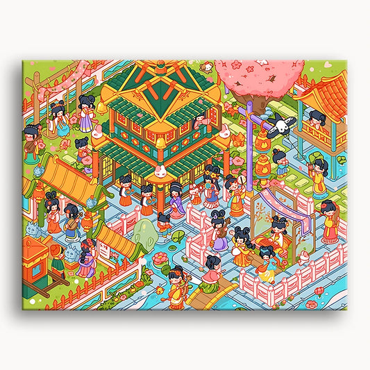 An illustration of a serene Japanese garden featuring people, animals, and lush greenery.
