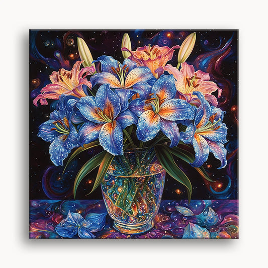 A vibrant bouquet of blue and pink lilies in a patterned vase against a starry, cosmic background.