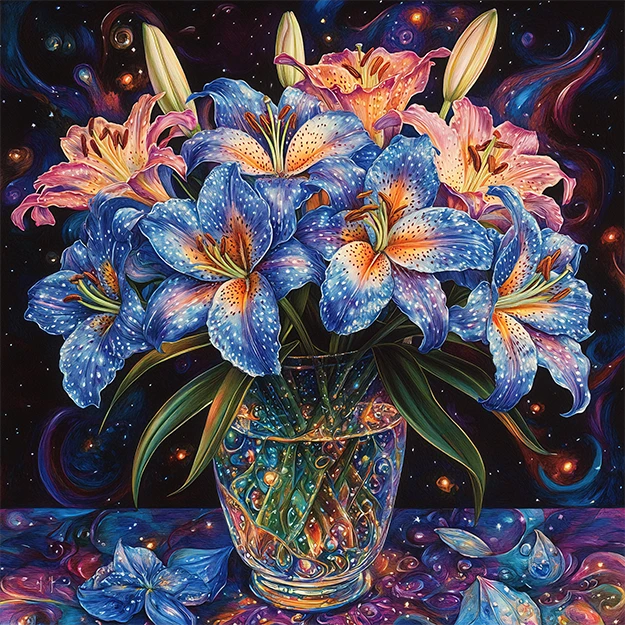 A vibrant bouquet of blue and pink lilies in a patterned vase against a starry, cosmic background.