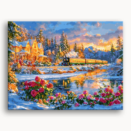 A painting depicting a train traveling through a snowy landscape, with snowflakes gently falling around it.