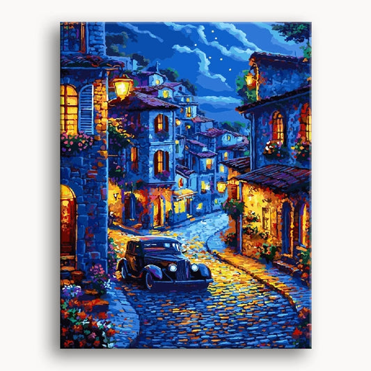 A nighttime painting depicting a quiet street illuminated by streetlights, featuring a parked car.