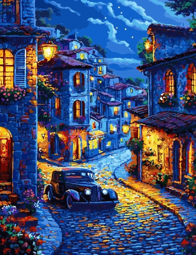 A nighttime painting depicting a quiet street illuminated by streetlights, featuring a parked car.